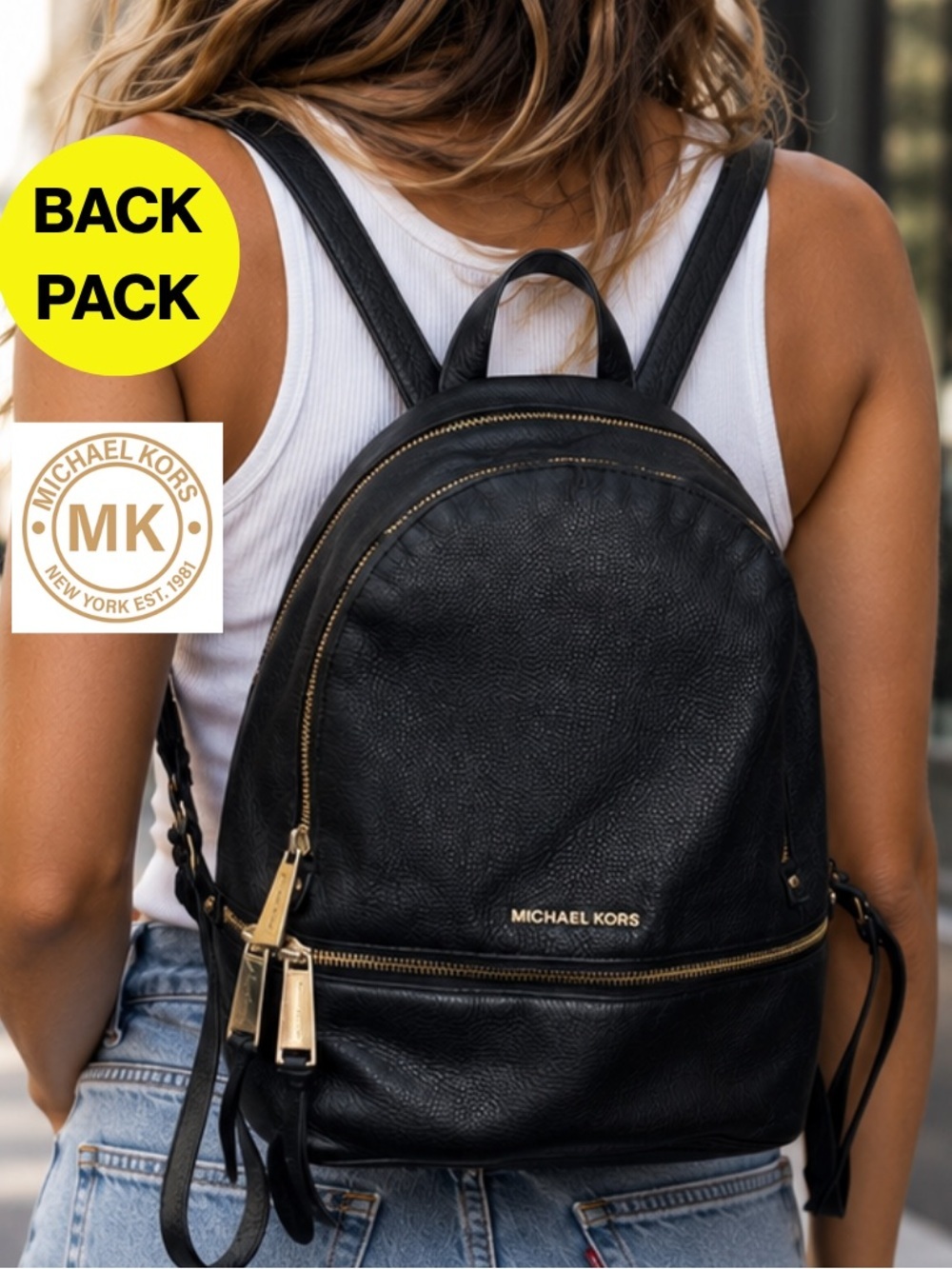MICHAEL KORS π€ Pebbled Black Leather Backpack, Gold Hardware - 10x13β inches
